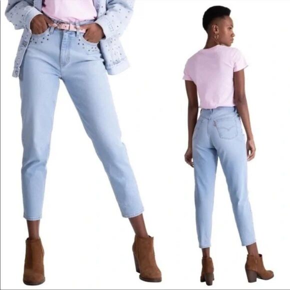 Levi's Mom Jean Jeweled Rhinestone High Waist Light Wash Blue Crop Jeans Sz 24 - Picture 2 of 15